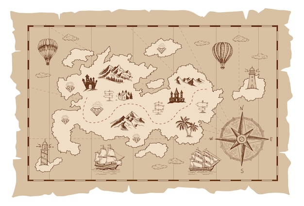 Vector old treasure map vector sketch hand drawn illustrations vector