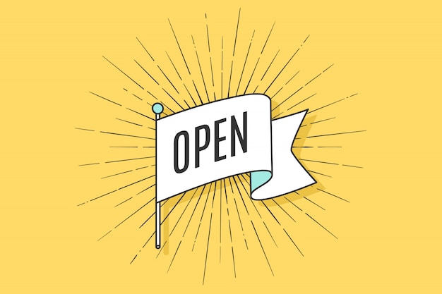 Vector old vintage flag with linear drawing of rays and open