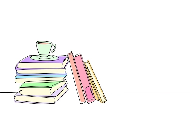 Vector one continuous line drawing pile of books and a cup of coffee on office desk work space table vector