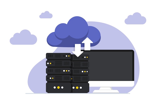 Vector online cloud computing data center web hosting service database for documents and file cloud storage upload and download data file management data transfering backup vector illustration