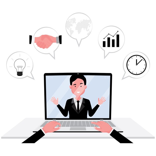 Vector online communication feature a person attend meeting on computer