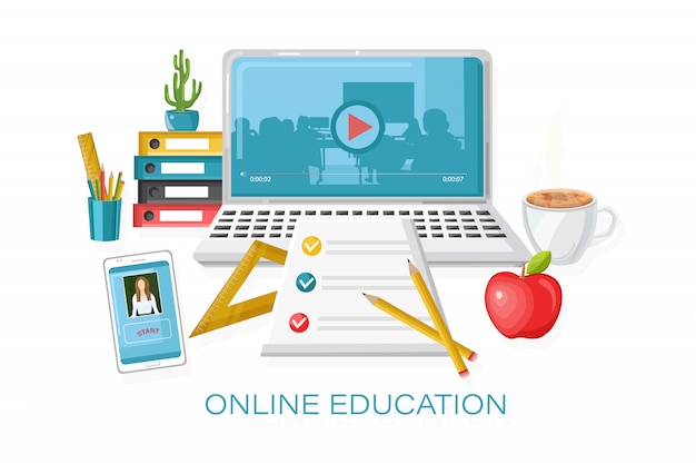 Vector online courses education. learning process. notebook and school supplies illustration