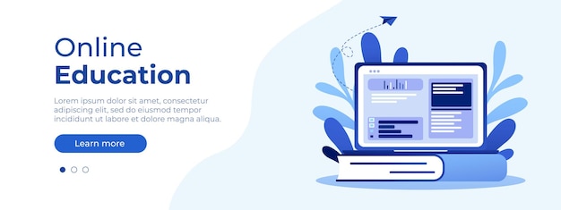Vector online education concept vector website page layout illustration of book with laptop