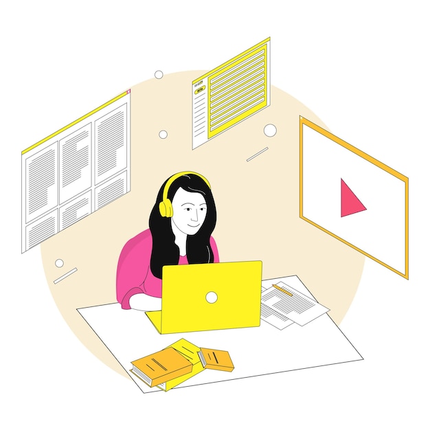 Vector online education. flat illustration with isometric elements. view video.