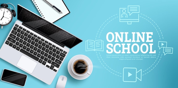 Vector online education vector design online school text with laptop and phone digital learning elements