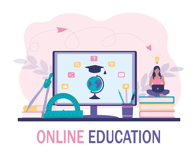 Vector online learning at home the modern concept of distance education flat vector illustration