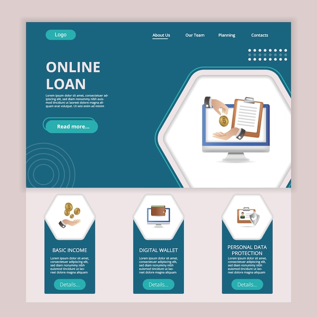 Vector online loan flat landing page website template basic income