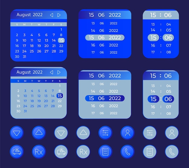 Vector online medicine schedule ui elements kit isolated vector components flat navigation menus and interface buttons template web design widget collection for mobile application dark theme