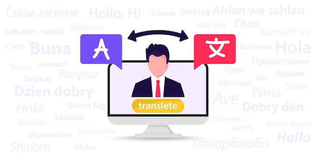 Vector online multi language translator. different languages. translation app. online translator. the word hello in different languages. synchronic translation services. using translator on computer