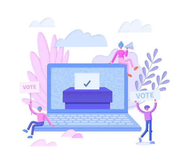 Vector online voting concept flat illustration with computer screen
