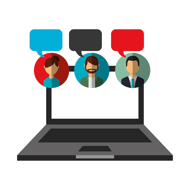 Vector open laptop people speech bubble communication