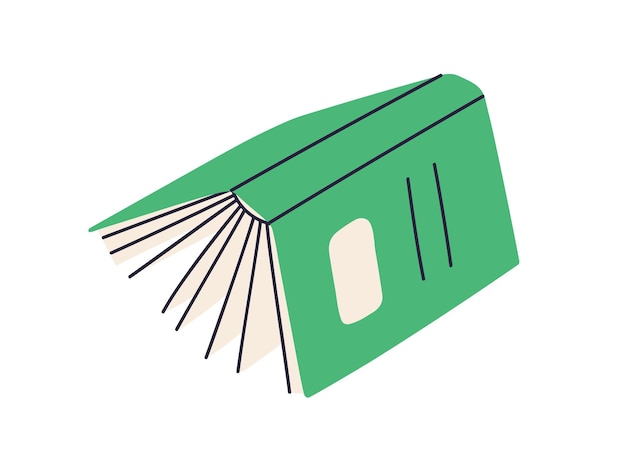 Vector open paper book falling upside down. back, cover and spine of abstract literature with pages. academic textbook in hardcover. study workbook. flat vector illustration isolated on white background