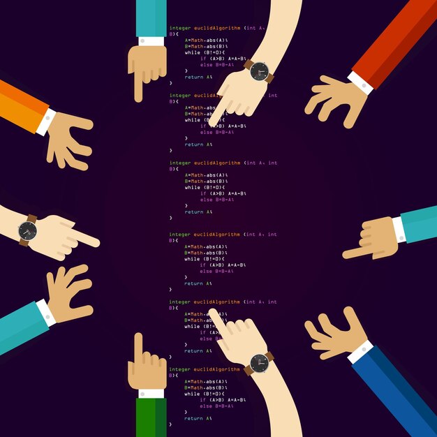 Vector open source software coding programming development together many hands working together