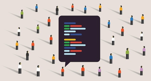 Vector open source software development coding collaboration crowd working together line of code