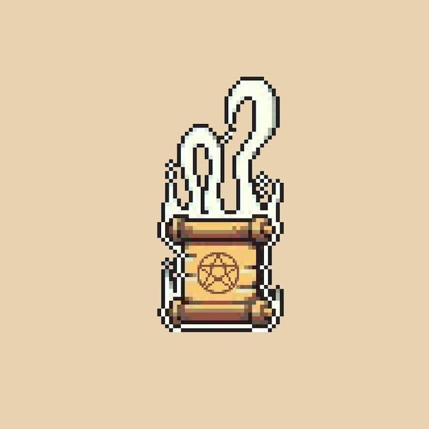 Vector opened scroll with pentagram sign in pixel art style