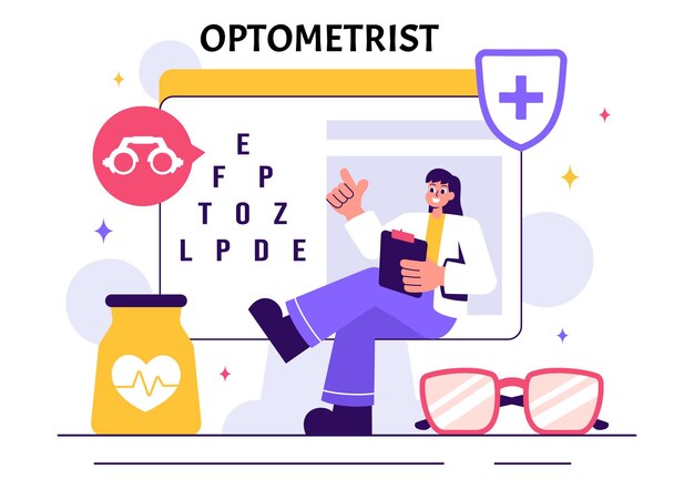 Vector optometrist vector illustration featuring an ophthalmologist examining a patient39s vision optical eye tests and advanced spectacles technology