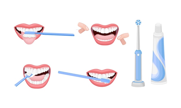 Vector oral hygiene with toothbrush and toothpaste for teeth brushing procedure vector set