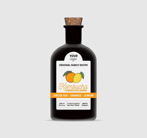 Vector orange lemon kombucha tea label template bottle packaging isolated