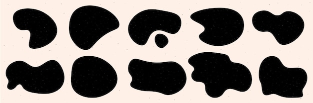 Vector organic shapes collection black irregular blobs with grain and noise texture abstract vector