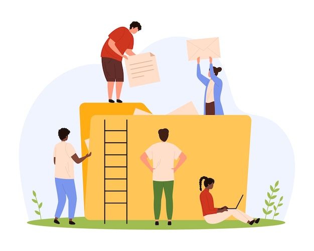 Vector organization management and data storage tiny people put paper letters in folder