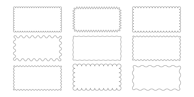 Vector outline rectangle frames with wavy edges set rectangular curved line shapes retro zigzag empty frame