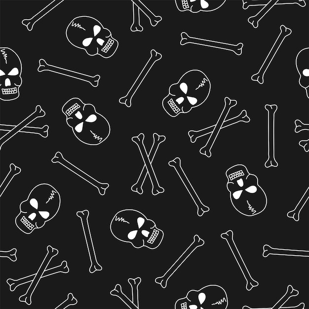 Vector outline skull and bones hand drawn seamless pattern