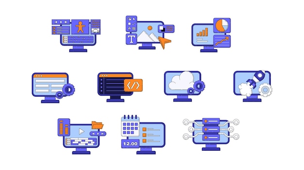 Vector outlined style digital skills illustration set