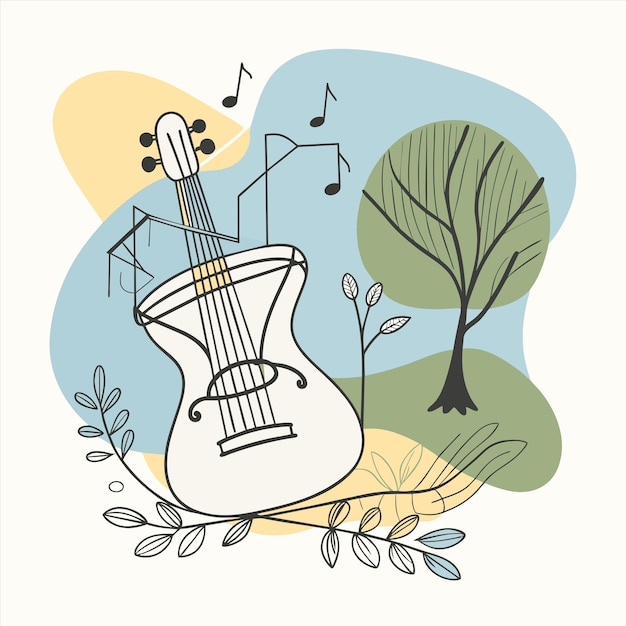 Vector a painting of a guitar and a tree with a blue background