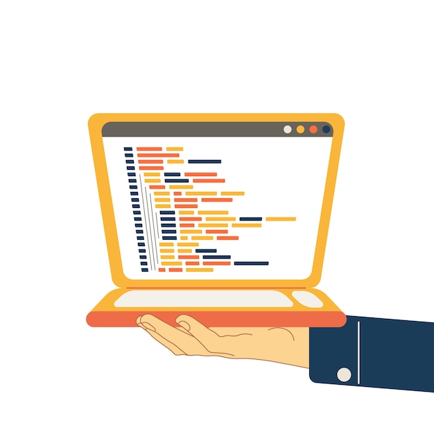 Vector on the palm of a person's hand is a laptop with a program code. human programming concept programmer