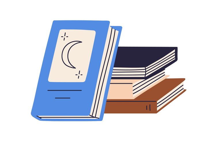 Vector paper books stack. abstract mystic literature pile. esoteric reading on astrology. fictions, novels, stories, academic textbooks and fairytales. flat vector illustration isolated on white background.