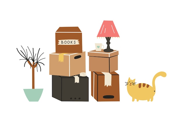Vector paper cardboard boxes with various household items