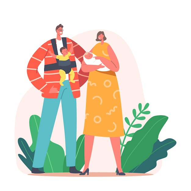 Vector parenting, loving mom and dad concept. mother and father with little kids on hands and hipseat. young family characters