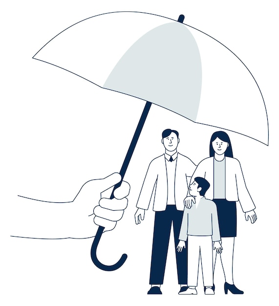 Vector parents and kid under umbrella family protection symbol