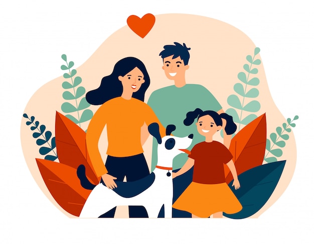 Vector parents presenting pet to their child