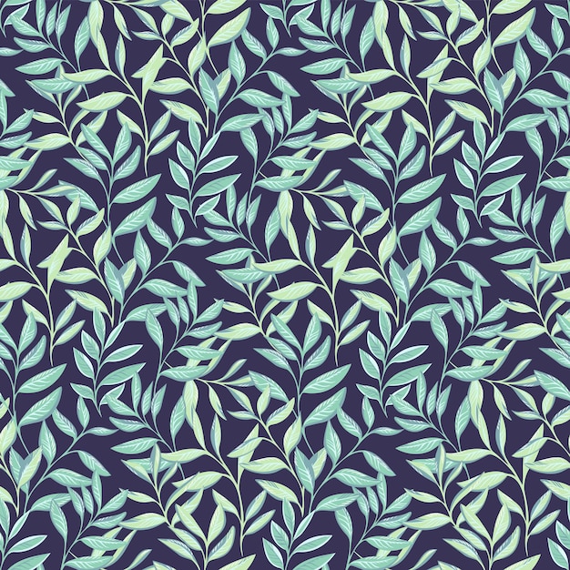 Vector pastel green leaves stem seamless pattern on a dark background abstract branches leaf print
