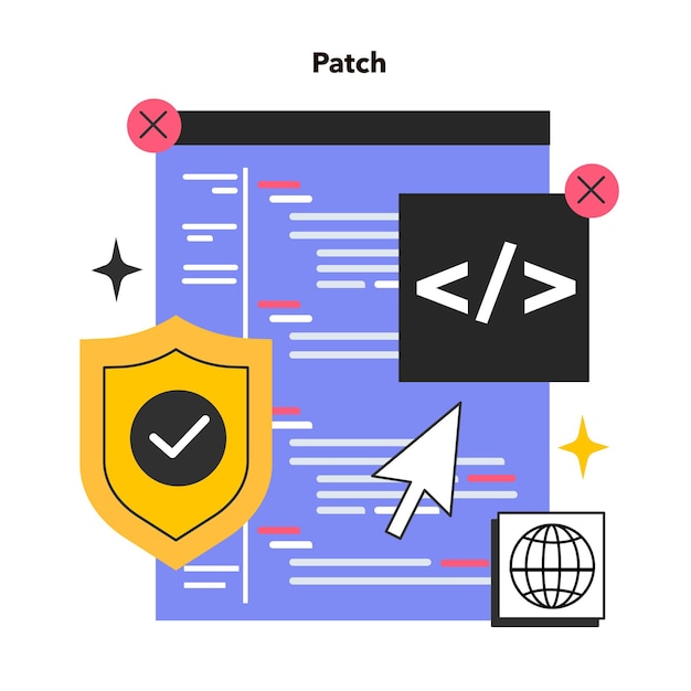 Vector patch software operating system updates that address security vulnerabilities within a program performance bugs fixing and enhanced security features flat vector illustration