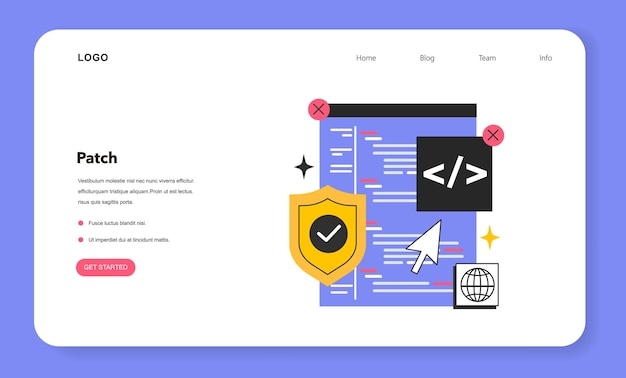 Vector patch software web banner or landing page operating system updates that address security vulnerabilities performance bugs fixing and enhanced security features flat vector illustration