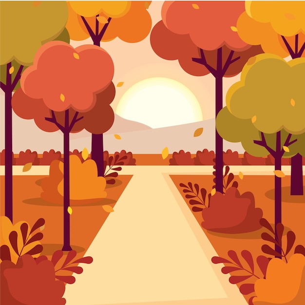 Vector pathway through autumn forest with falling leaves vector