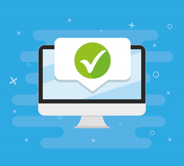 Vector pc with checkmark vector illustration, flat design