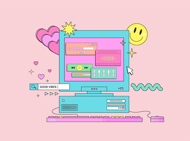 Vector pc with monitor keyboard and mouse in retro style computer with musical user interface elements