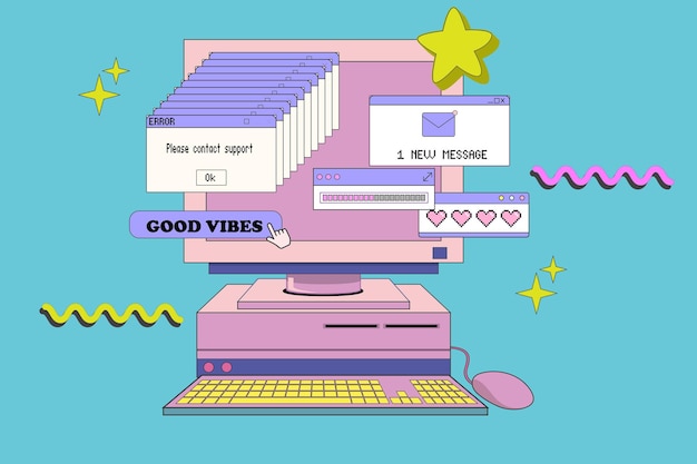 Vector pc with monitor keyboard and mouse in retro style computer with user interface elements vector