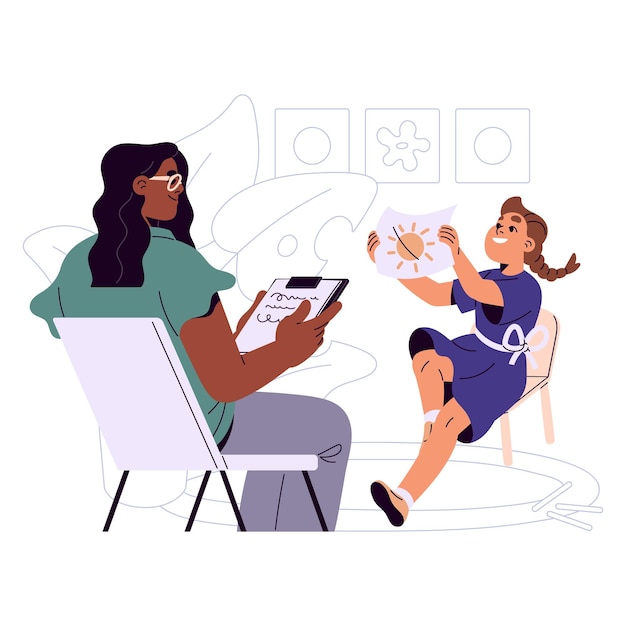 Vector pediatric psychologist testing mental health of child pediatrician takes notes about diagnosis of little girl doctor medic works in psychology with kids flat isolated vector illustration on white