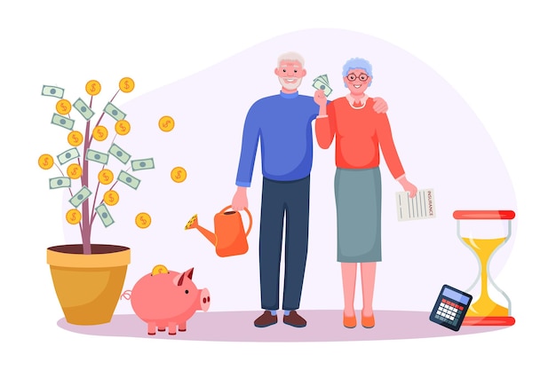 Vector pension savings money investment in retirement mutual fund. elderly grandparent couple save finance on future, increase profit, calculate budget and conclude insurance form vector illustration