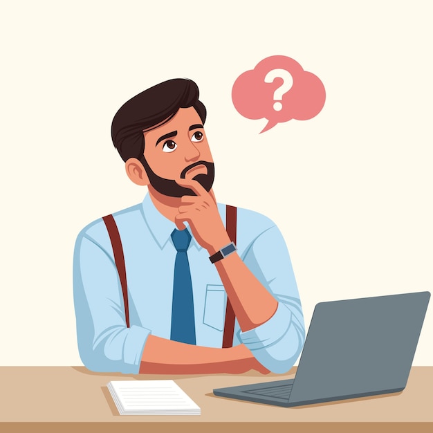 Vector pensive man working with laptop at office flat vector style