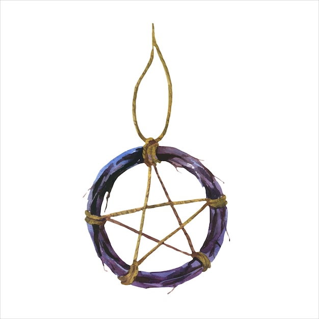Vector pentagram symbol made of whip in circle of branches connected by threads witchcraft magic occult and