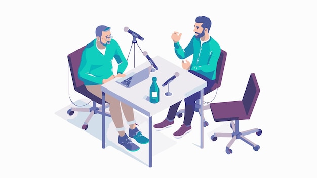 Vector people are talking on a podcast sitting at a table each talking into a microphone