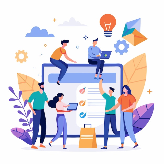 Vector people collaborating on a project working together to check off tasks on a list