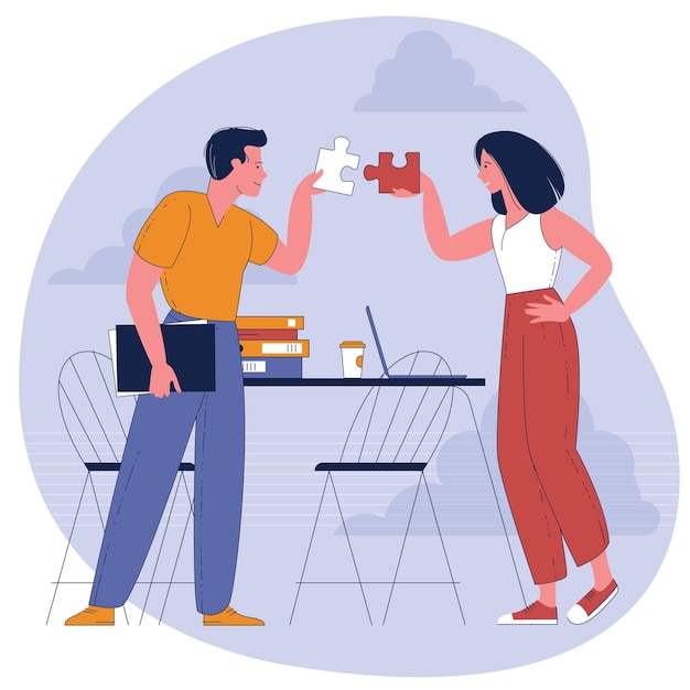 Vector people connecting puzzle elements. symbol of teamwork, cooperation, partnership.
