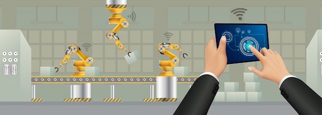 Vector people connecting with a factory using smartphone and exchanging data with a neural network.