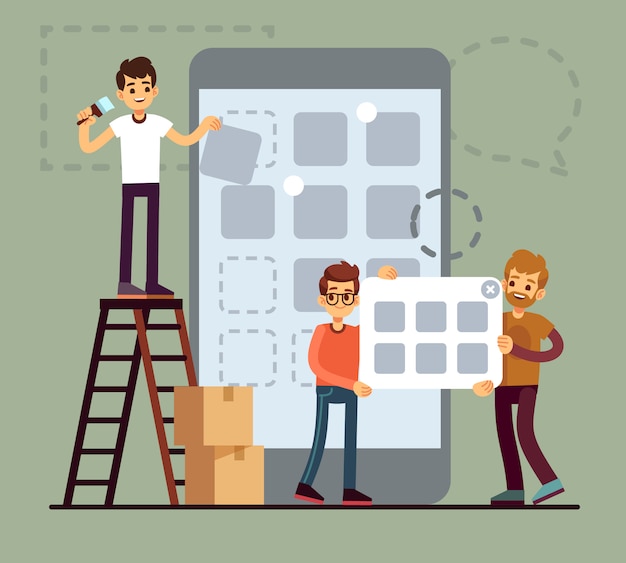 Vector people developing cellphone ui design. mobile phone app technology vector flat concept. illustration of phone app development, mobile interface application